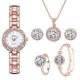 Luxury 6PCS Wristwatche Set Women Rose Gold Quartz Watch Jewelry - Genuine - Gemstone