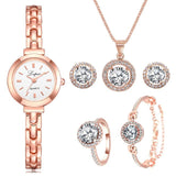 Luxury 6PCS Wristwatche Set Women Rose Gold Quartz Watch Jewelry - Genuine - Gemstone