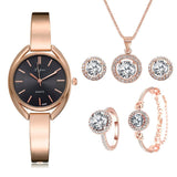 Luxury 6PCS Wristwatche Set Women Rose Gold Quartz Watch Jewelry - Genuine - Gemstone