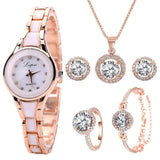 Luxury 6PCS Wristwatche Set Women Rose Gold Quartz Watch Jewelry - Genuine - Gemstone