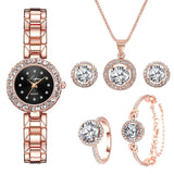 Luxury 6PCS Wristwatche Set Women Rose Gold Quartz Watch Jewelry - Genuine - Gemstone