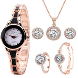 Luxury 6PCS Wristwatche Set Women Rose Gold Quartz Watch Jewelry - Genuine - Gemstone