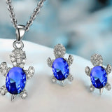 Luxury Aquamarine Turtle Jewelry Set Women Silver Necklace Earrings - Genuine - Gemstone