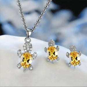 Luxury Aquamarine Turtle Jewelry Set Women Silver Necklace Earrings - Genuine - Gemstone