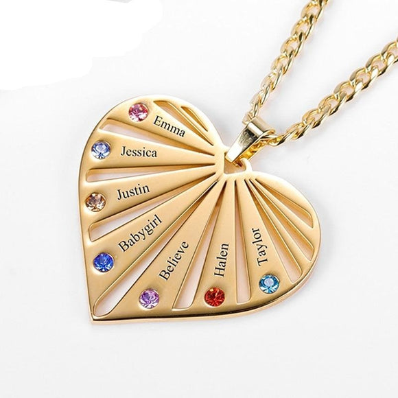 Luxury Birthstones Heart Pendant Necklace For Mother Engrave Jewelry - Genuine - Gemstone