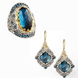 Luxury BLue Sapphire Jewelry Set Ring Earrings For Women Wedding Jewelry - Genuine - Gemstone