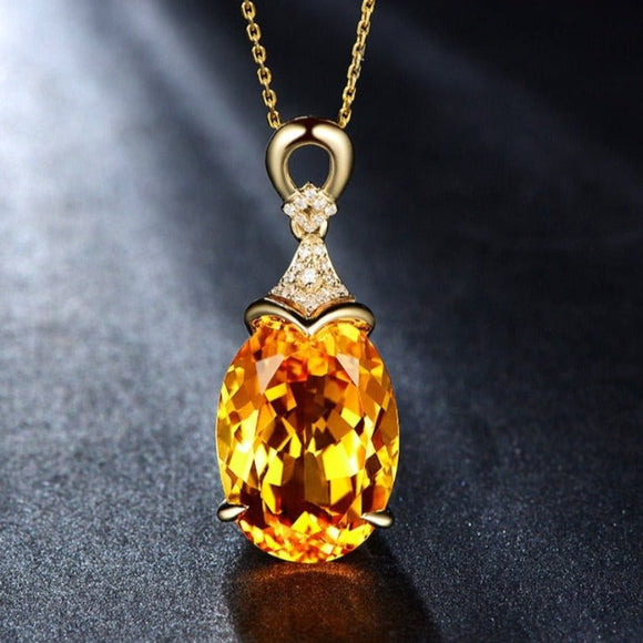 Luxury Citrine Gemstone Pendant Necklace 18K Gold For Women Jewelry - Genuine - Gemstone