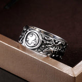 Luxury Moon Star Ring Retro Silver Leaves Pattern Women Jewelry - Genuine - Gemstone