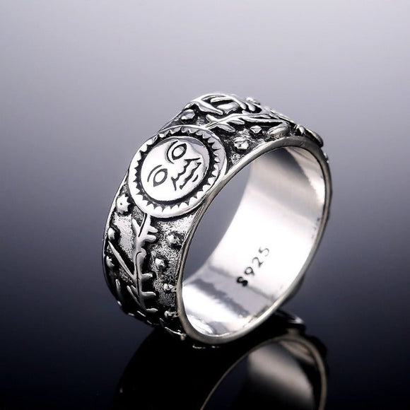 Luxury Moon Star Ring Retro Silver Leaves Pattern Women Jewelry - Genuine - Gemstone