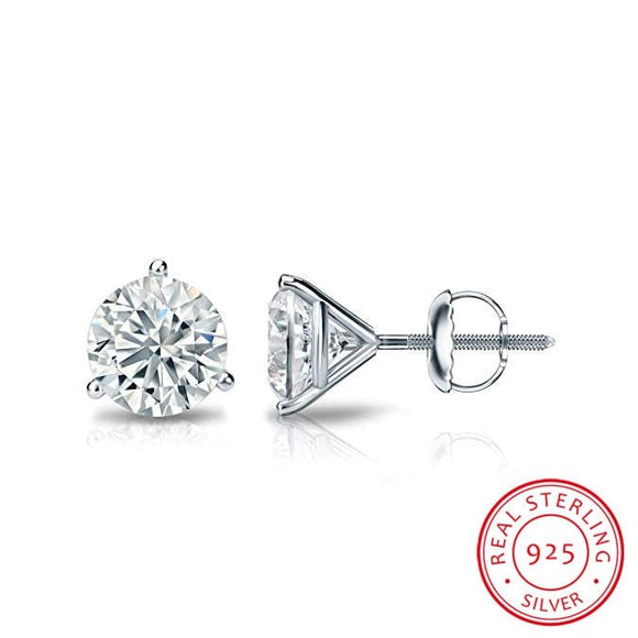 Luxury Round Lab Diamond Stud Earrings Real 925 Sterling Silver Women Jewelry - Genuine - Gemstone