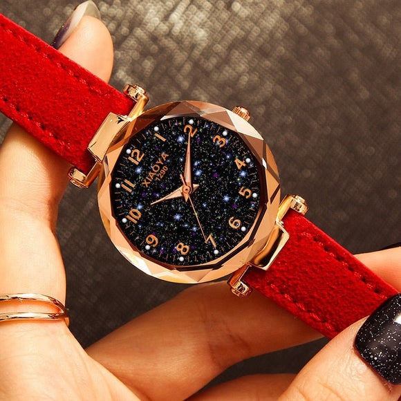 Luxury Starry Sky Watch For Women Red Leather Jewelry - Genuine - Gemstone