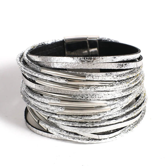 Multilayer Chunky Glitter Bracelet for Women Leather Wrap Party Jewelry - Gemstone Gold