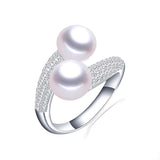 Natural Freshwater Pearl Ring 925 Silver Double Women Bridal Jewelry - Genuine - Gemstone