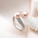 Natural Freshwater Pearl Ring 925 Silver Double Women Bridal Jewelry - Genuine - Gemstone