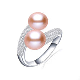 Natural Freshwater Pearl Ring 925 Silver Double Women Bridal Jewelry - Genuine - Gemstone