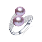 Natural Freshwater Pearl Ring 925 Silver Double Women Bridal Jewelry - Genuine - Gemstone