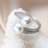 Natural Freshwater Pearl Ring 925 Silver Double Women Bridal Jewelry - Genuine - Gemstone