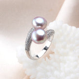 Natural Freshwater Pearl Ring 925 Silver Double Women Bridal Jewelry - Genuine - Gemstone