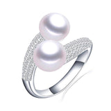 Natural Freshwater Pearl Ring 925 Silver Double Women Bridal Jewelry - Genuine - Gemstone