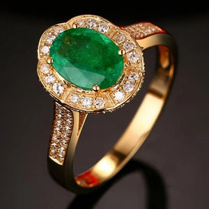 Natural Green Gemstone Emerald Ring 14K Yellow Gold Women's Party Fine Jewelry - Genuine - Gemstone