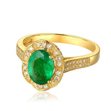 Natural Green Gemstone Emerald Ring 14K Yellow Gold Women's Party Fine Jewelry - Genuine - Gemstone