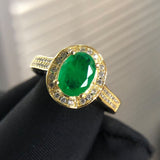 Natural Green Gemstone Emerald Ring 14K Yellow Gold Women's Party Fine Jewelry - Genuine - Gemstone