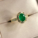 Natural Green Gemstone Emerald Ring 14K Yellow Gold Women's Party Fine Jewelry - Genuine - Gemstone