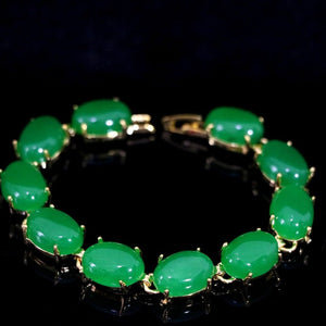 Natural oval chalcedony green stone jade gold chain bracelet wedding jewelry - Genuine - Gemstone