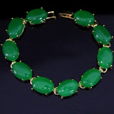 Natural oval chalcedony green stone jade gold chain bracelet wedding jewelry - Genuine - Gemstone