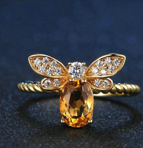 Natural Oval Citrine Bee Wedding Ring Women Jewelry - Genuine - Gemstone