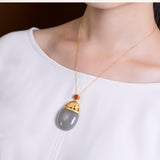 Natural Purple Jade Oval Pendant Necklace Retro Light Luxury Women's Silver Jewelry - Genuine - Gemstone