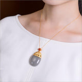 Natural Purple Jade Oval Pendant Necklace Retro Light Luxury Women's Silver Jewelry - Genuine - Gemstone