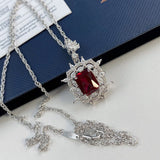 Natural Ruby 2 Carat Diamond Pendant Necklace Square Women Fine Jewelry - Genuine - Gemstone