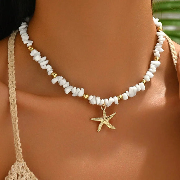 Natural Seashell Beaded Necklace Shell Pendant Ocean Jewelry Choker Suitable For Women - Gemstone Gold