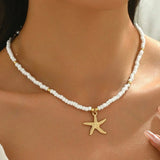 Natural Seashell Beaded Necklace Shell Pendant Ocean Jewelry Choker Suitable For Women - Gemstone Gold