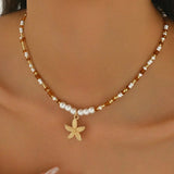 Natural Seashell Beaded Necklace Shell Pendant Ocean Jewelry Choker Suitable For Women - Gemstone Gold