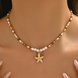 Natural Seashell Beaded Necklace Shell Pendant Ocean Jewelry Choker Suitable For Women - Gemstone Gold