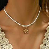 Natural Seashell Beaded Necklace Shell Pendant Ocean Jewelry Choker Suitable For Women - Gemstone Gold