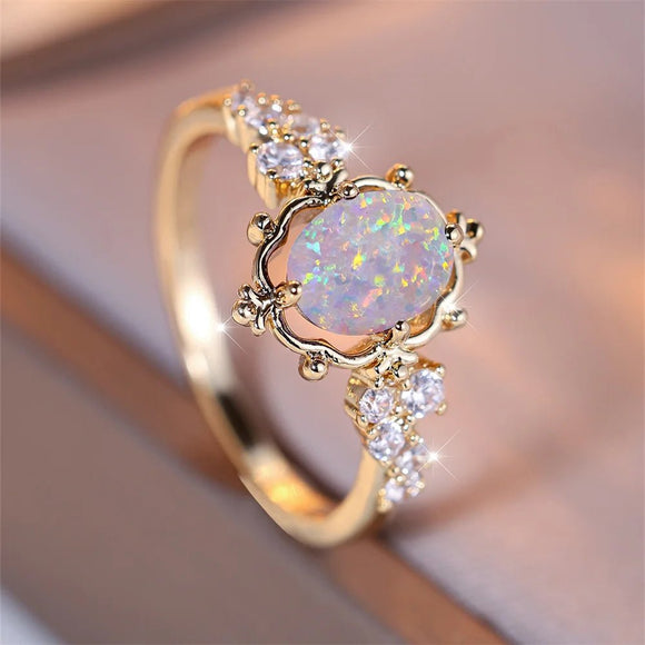 Oval White Fire Opal Flower Ring For Women Vintage Gold Bridal Wedding Jewelry - Gemstone Gold