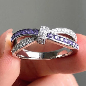 Purple Amethyst Cross Ring White Zircon Women Wedding Luxury Jewelry - Genuine - Gemstone