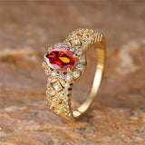 Red Oval Gemstone Ring White Zircon Engagement Yellow Gold Bridal Women Jewelry - Gemstone Gold