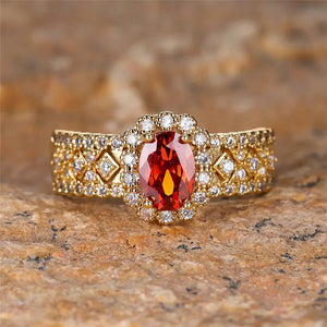 Red Oval Gemstone Ring White Zircon Engagement Yellow Gold Bridal Women Jewelry - Gemstone Gold