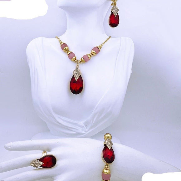 Red Rhinestone Gold Jewelry Set Water Drop Pendant For Women Jewelry - Genuine - Gemstone