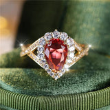 Red Water Drop Gemstone Engagement Ring Gold Bride Wedding Jewelry For Women - Gemstone Gold