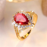 Red Water Drop Gemstone Engagement Ring Gold Bride Wedding Jewelry For Women - Gemstone Gold