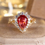Red Water Drop Gemstone Engagement Ring Gold Bride Wedding Jewelry For Women - Gemstone Gold