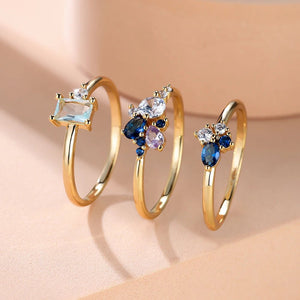 Royal Blue Zircon Triple Ring Set Purple Rose Gold Thin For Women Bridal Jewelry - Gemstone Gold