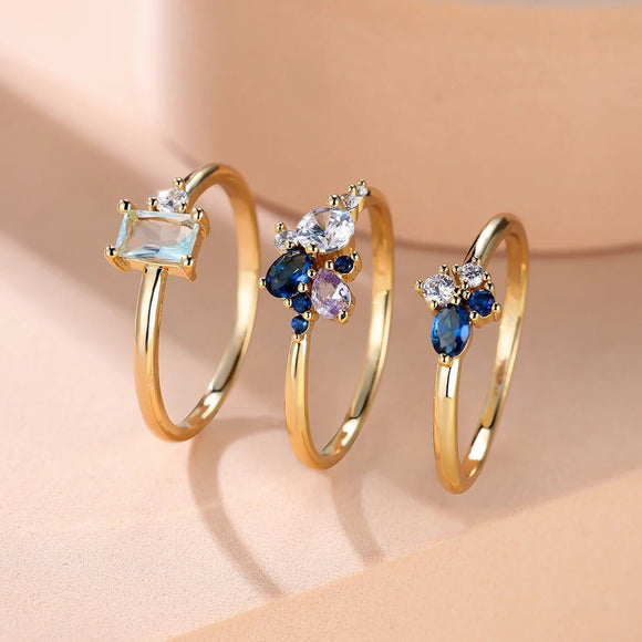 Royal Blue Zircon Triple Ring Set Purple Rose Gold Thin For Women Bridal Jewelry - Gemstone Gold