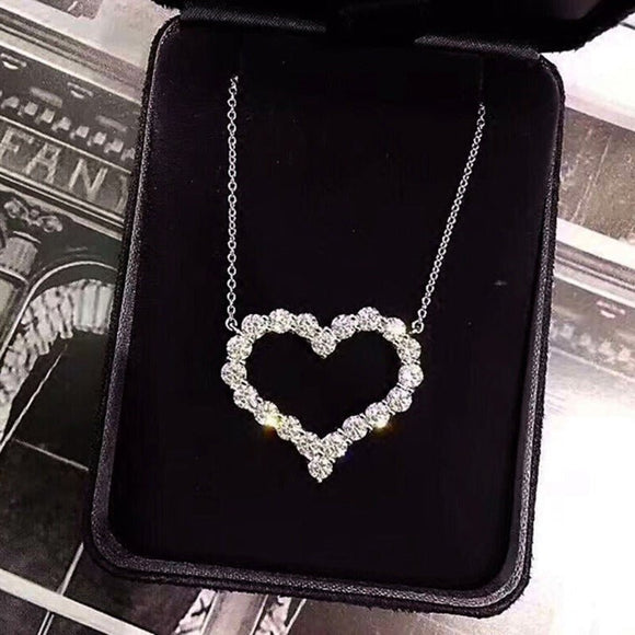 Shiny Hollow Heart Pendant Necklace Zircon for Women Bridal Jewelry - Genuine - Gemstone