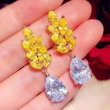 Short Drop Earrings with Flower Topaz Diamond for Women Eye Catching Party Wedding Jewelry - Genuine - Gemstone